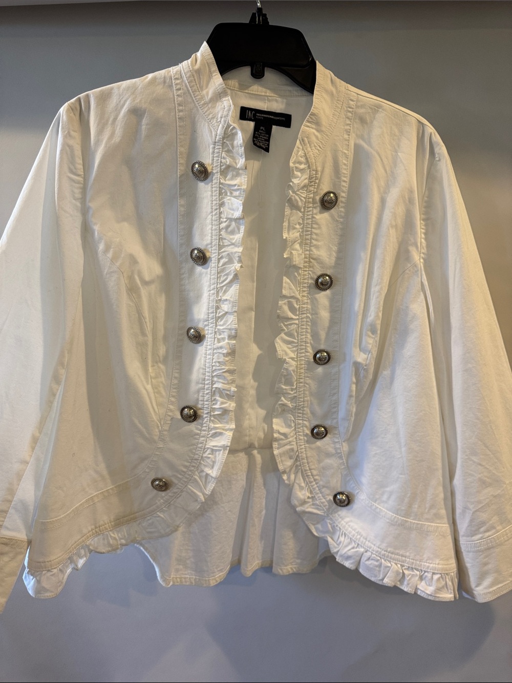 INC International Concepts White Ruffled Military-Style Blazer